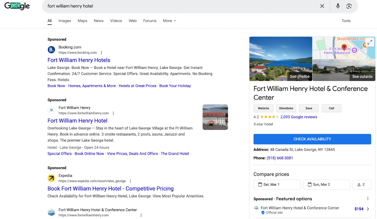 Screenshot of a Google search for Fort William Henry Hotel.